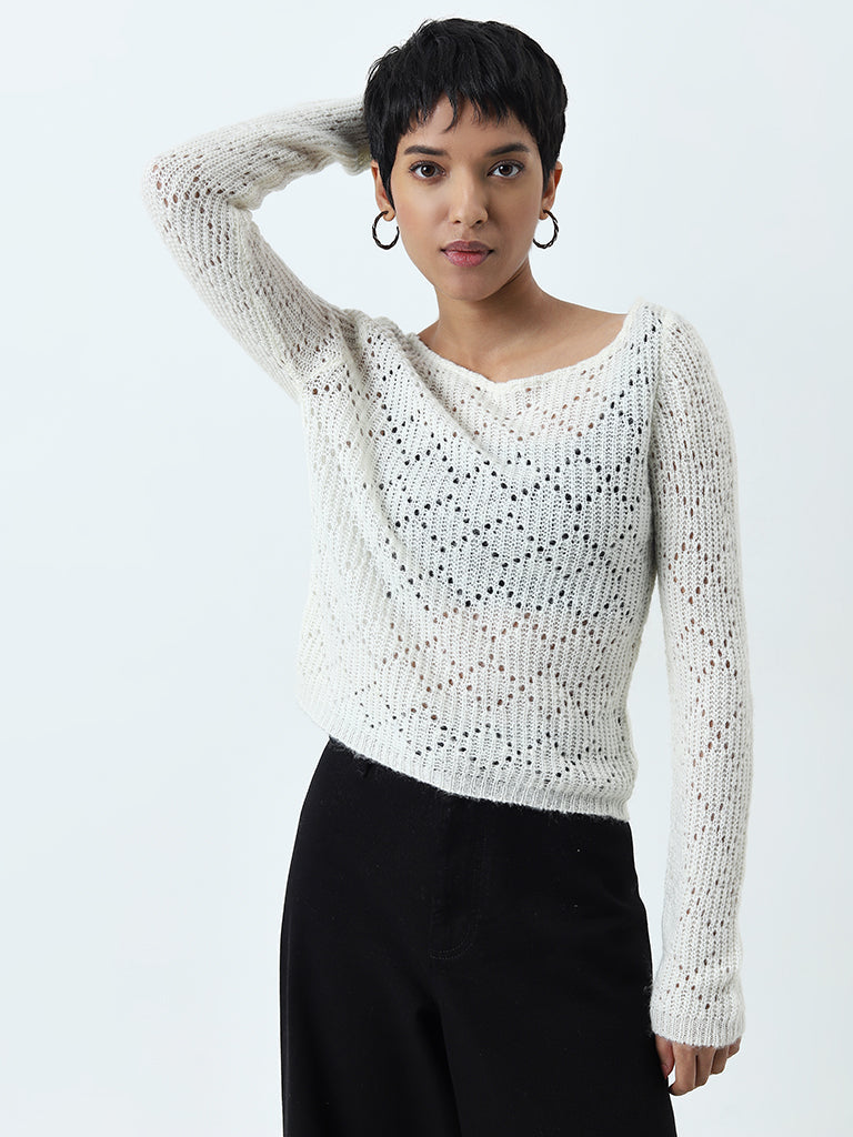 LOV White Knit-Textured Top