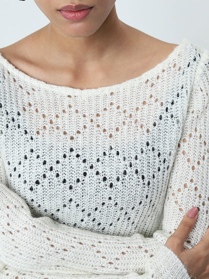 LOV White Knit-Textured Top