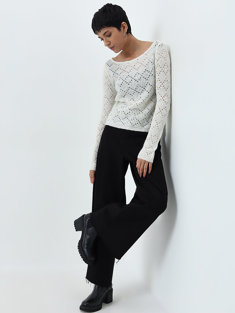 LOV White Knit-Textured Top