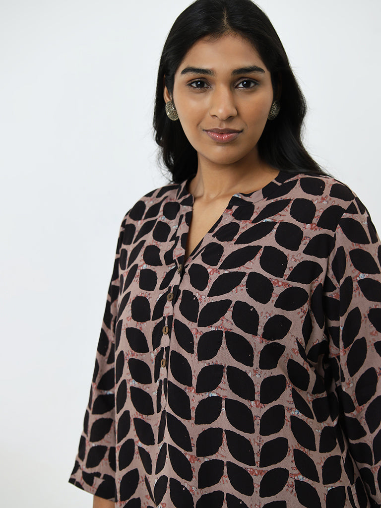 Diza Brown Leaf Pattern A-Line Kurti