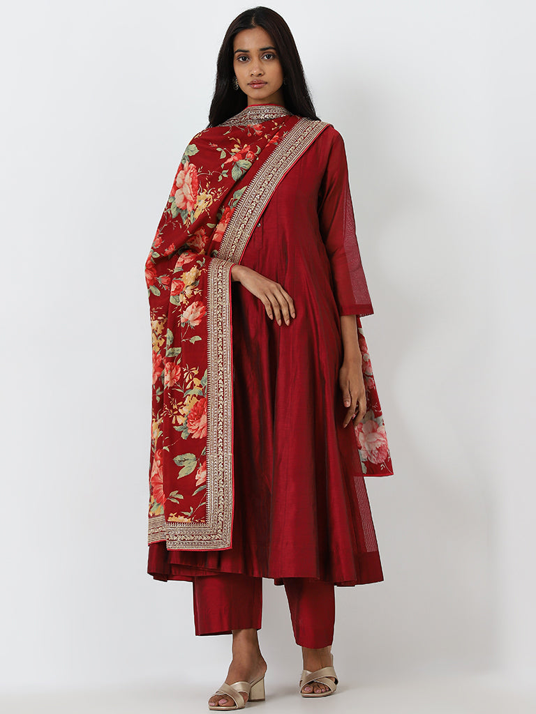 Vark Red Fit-and-Flare Kurta, Palazzos & Floral Dupatta Set