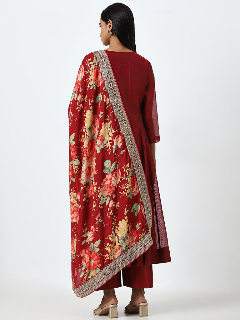 Vark Red Fit-and-Flare Kurta, Palazzos & Floral Dupatta Set