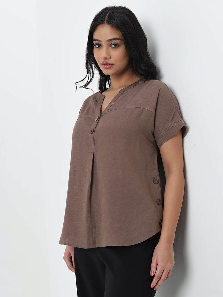 Gia Dark Brown Solid Blended Linen Blouse