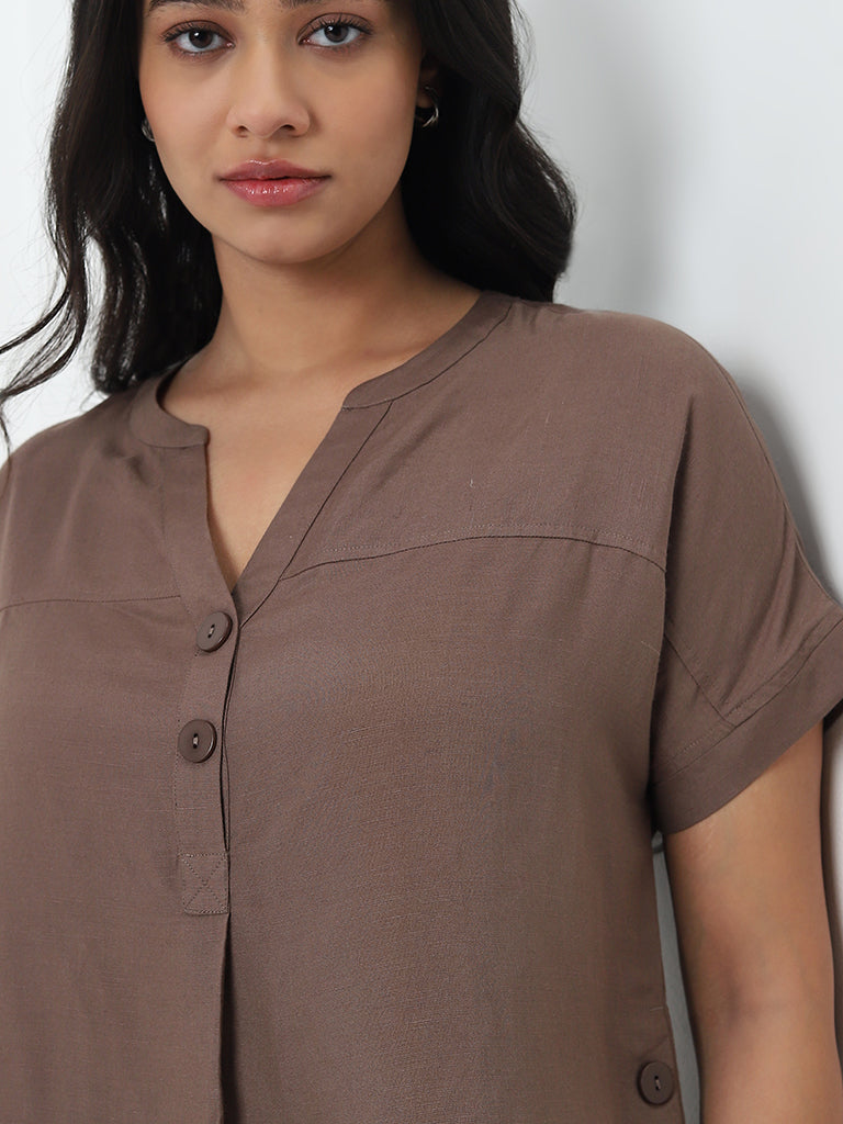 Gia Dark Brown Solid Blended Linen Blouse