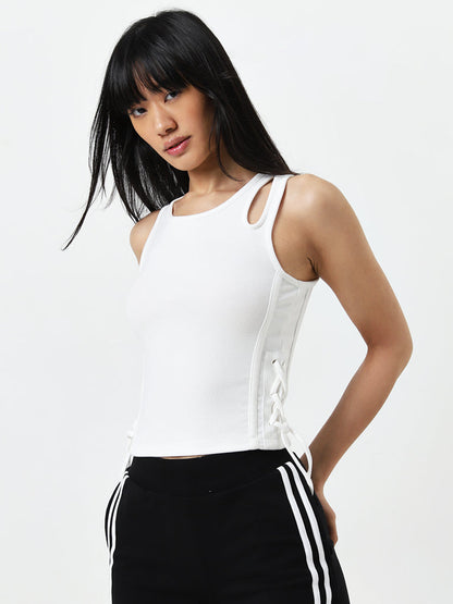 Studiofit White Cut-Out Detailed Cotton Top