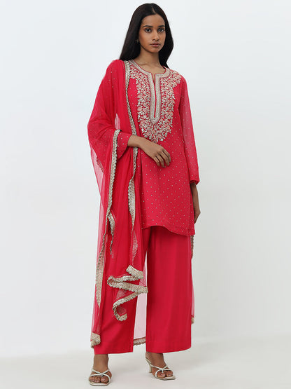 Vark Pink Embroidered A-Line Kurti, Pants and Dupatta Set