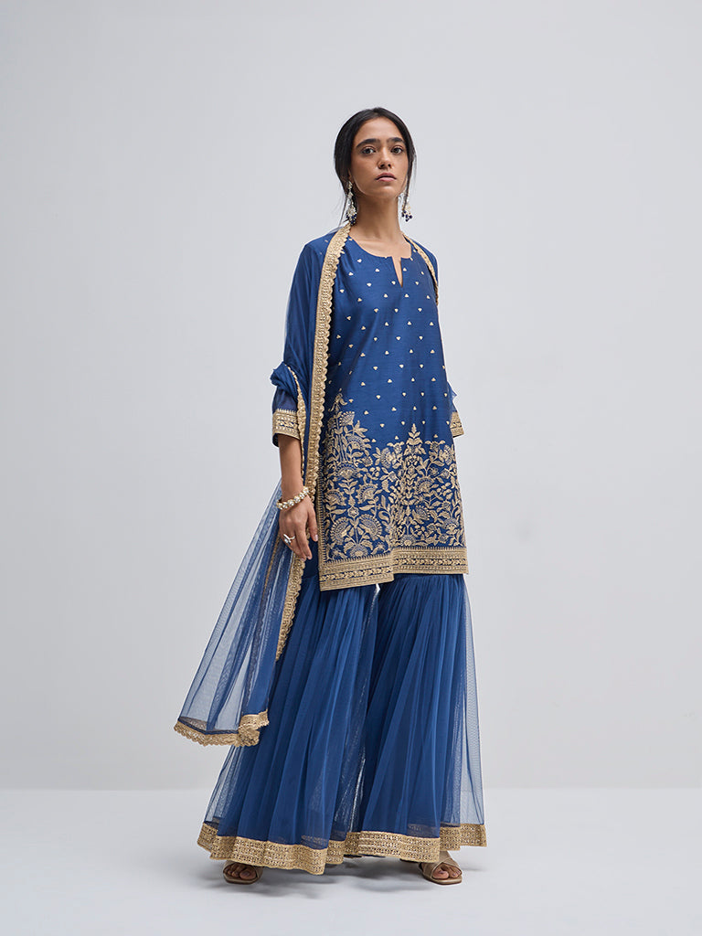 Vark Navy Embellished A-Line Kurti, Sharara and Dupatta Set