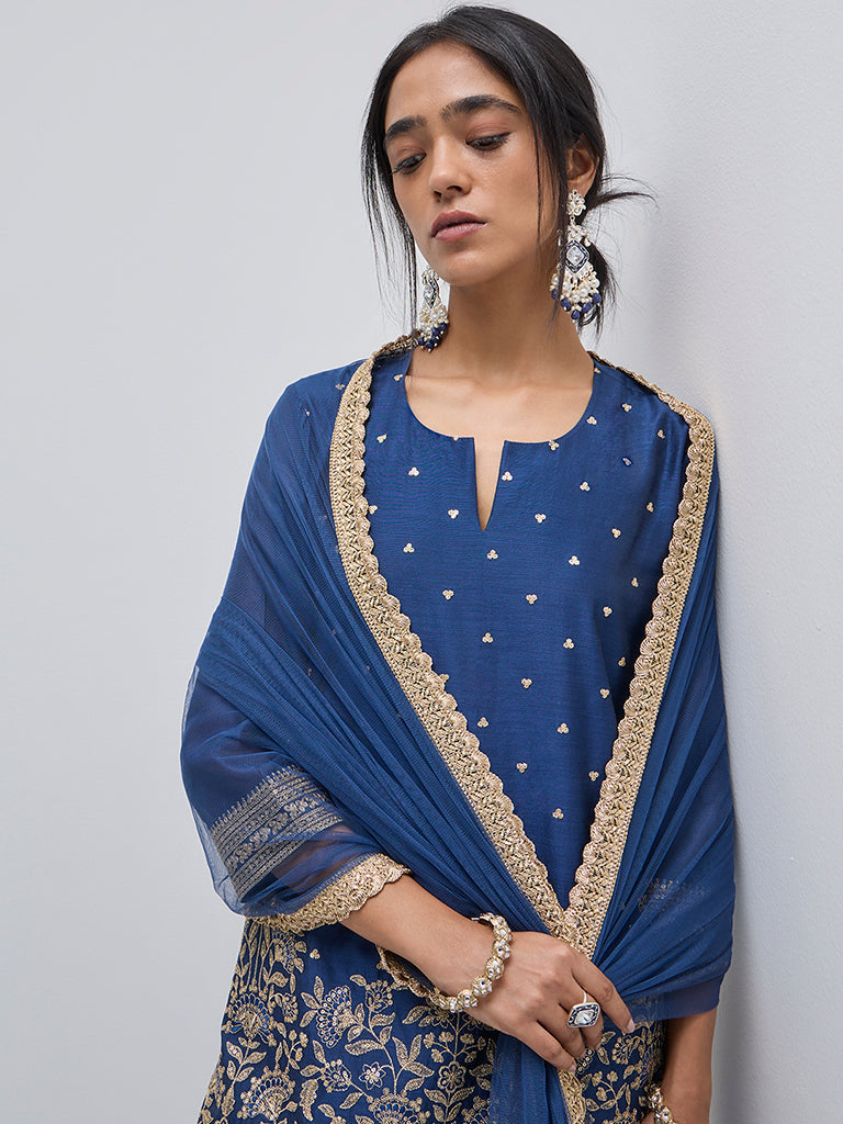 Vark Navy Embellished A-Line Kurti, Sharara and Dupatta Set