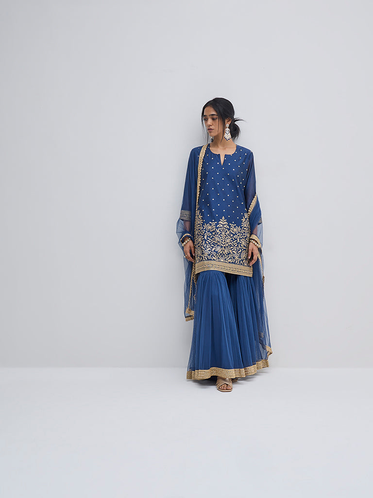 Vark Navy Embellished A-Line Kurti, Sharara and Dupatta Set