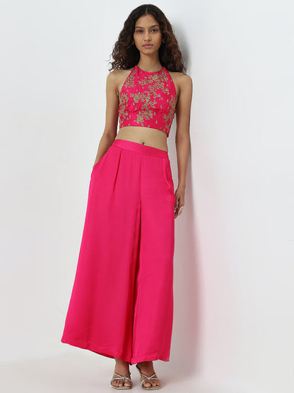 Vark Pink Embellished Crop Top and Palazzos Set