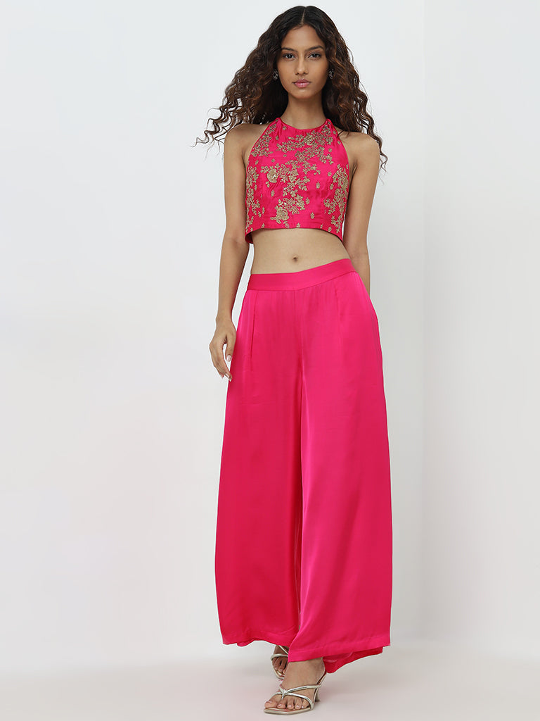 Vark Pink Embellished Crop Top and Palazzos Set