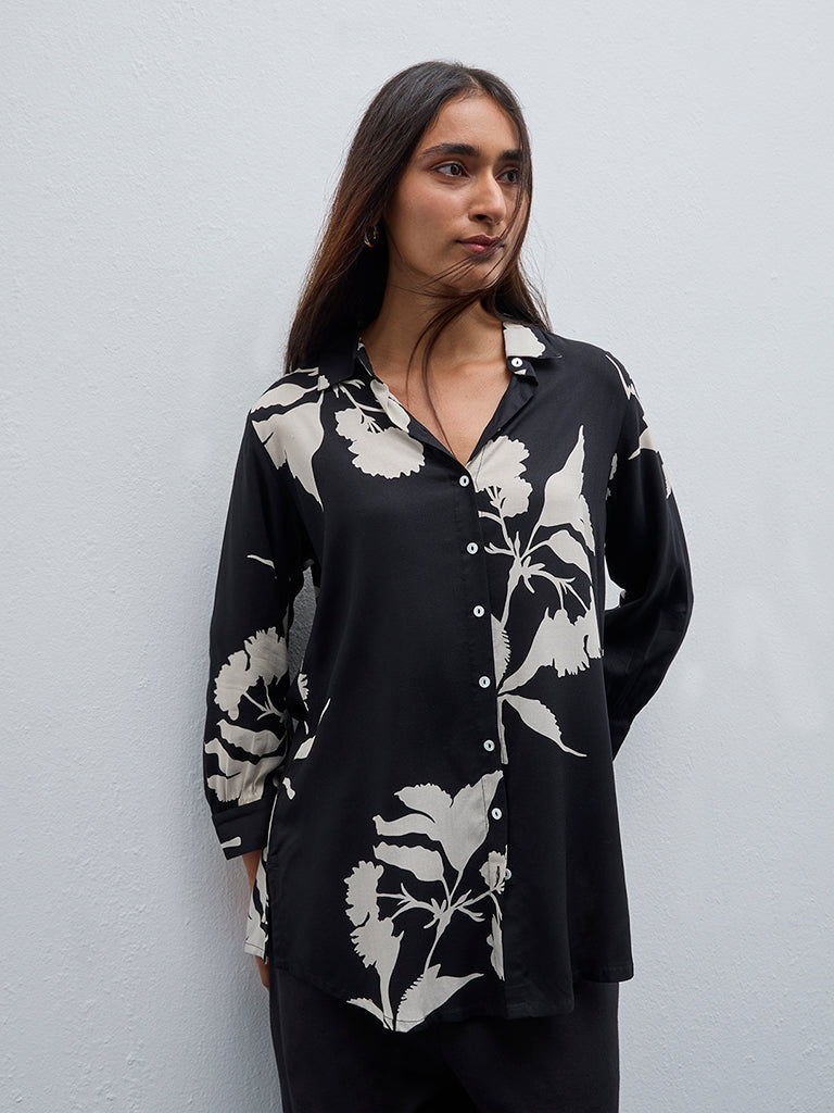 Utsa Black Floral Design Straight Tunic