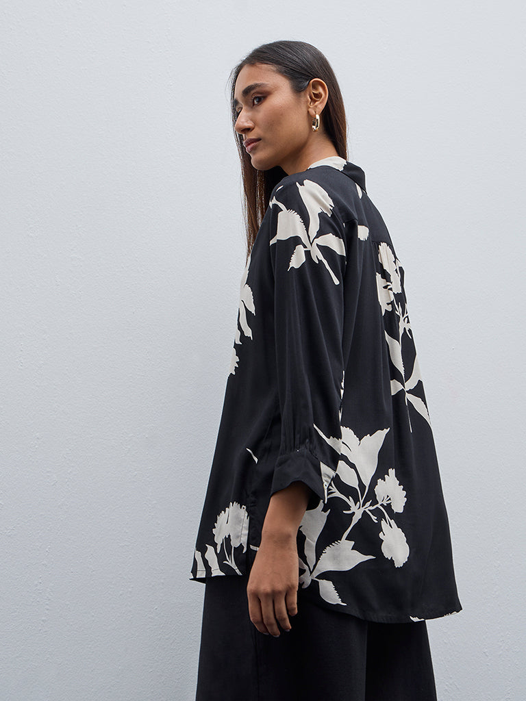 Utsa Black Floral Design Straight Tunic