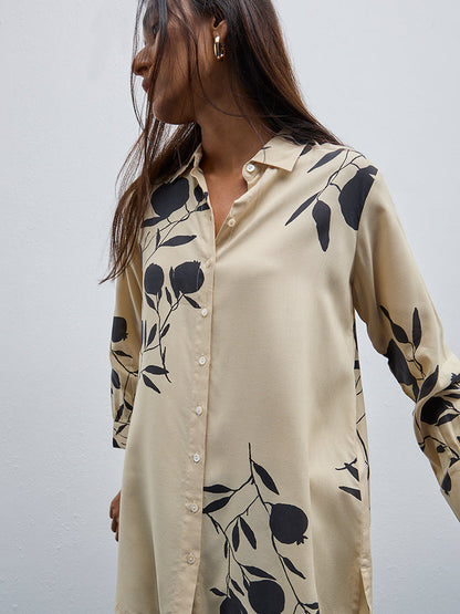 Utsa Beige Leaf Printed Straight Ethnic Tunic