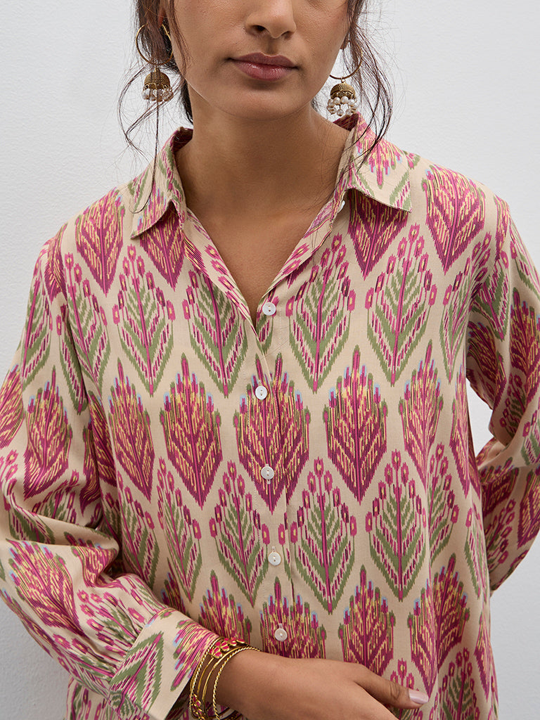 Utsa Beige Ikat Patterned Straight Tunic