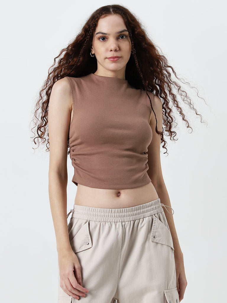 Nuon Brown Ribbed Textured Cotton Blend Top