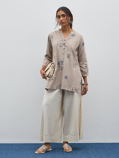 Utsa Taupe Floral Design High Low Cotton Blend Kurti