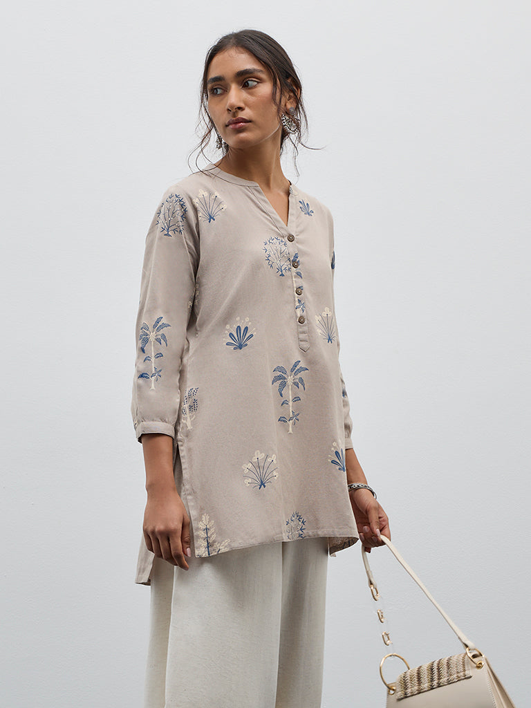 Utsa Taupe Floral Design High Low Cotton Blend Kurti