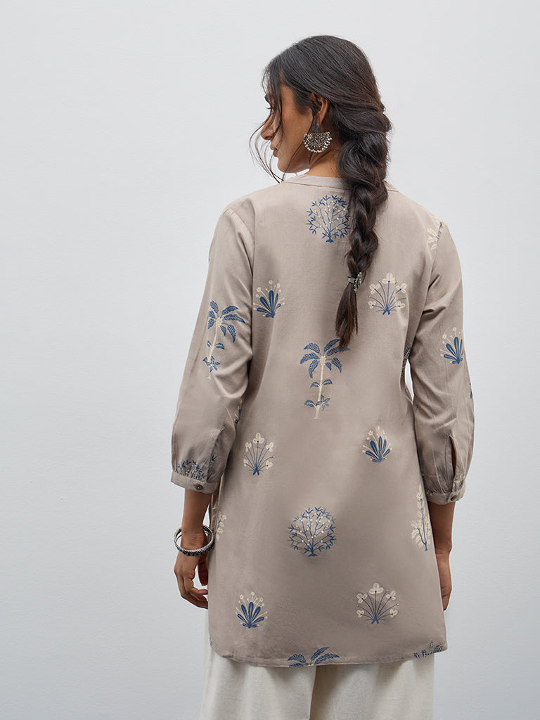 Utsa Taupe Floral Design High Low Cotton Blend Kurti