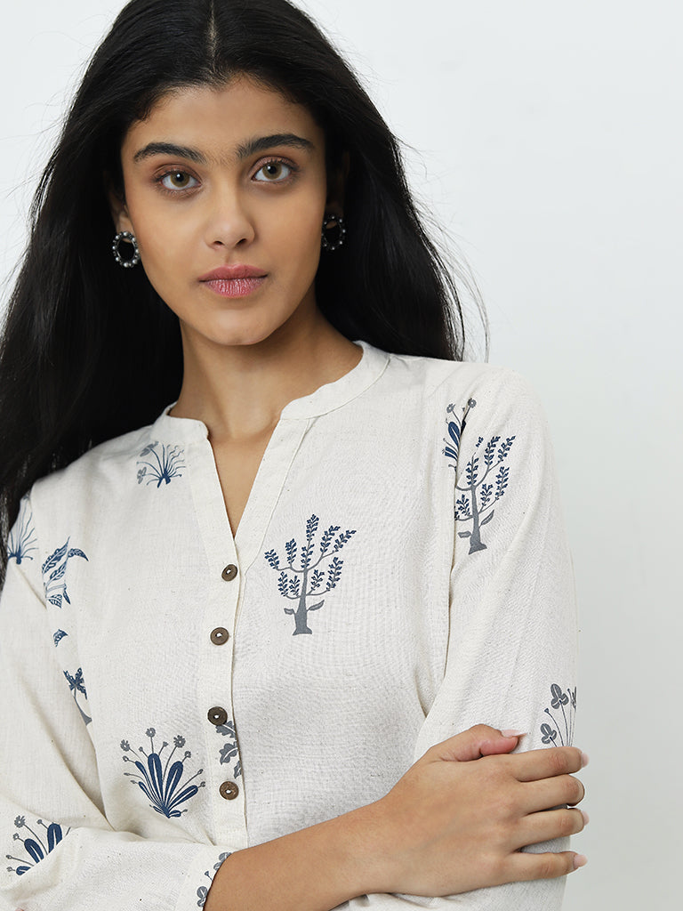 Utsa Off-White Foliage Printed Straight Cotton Blend Kurti