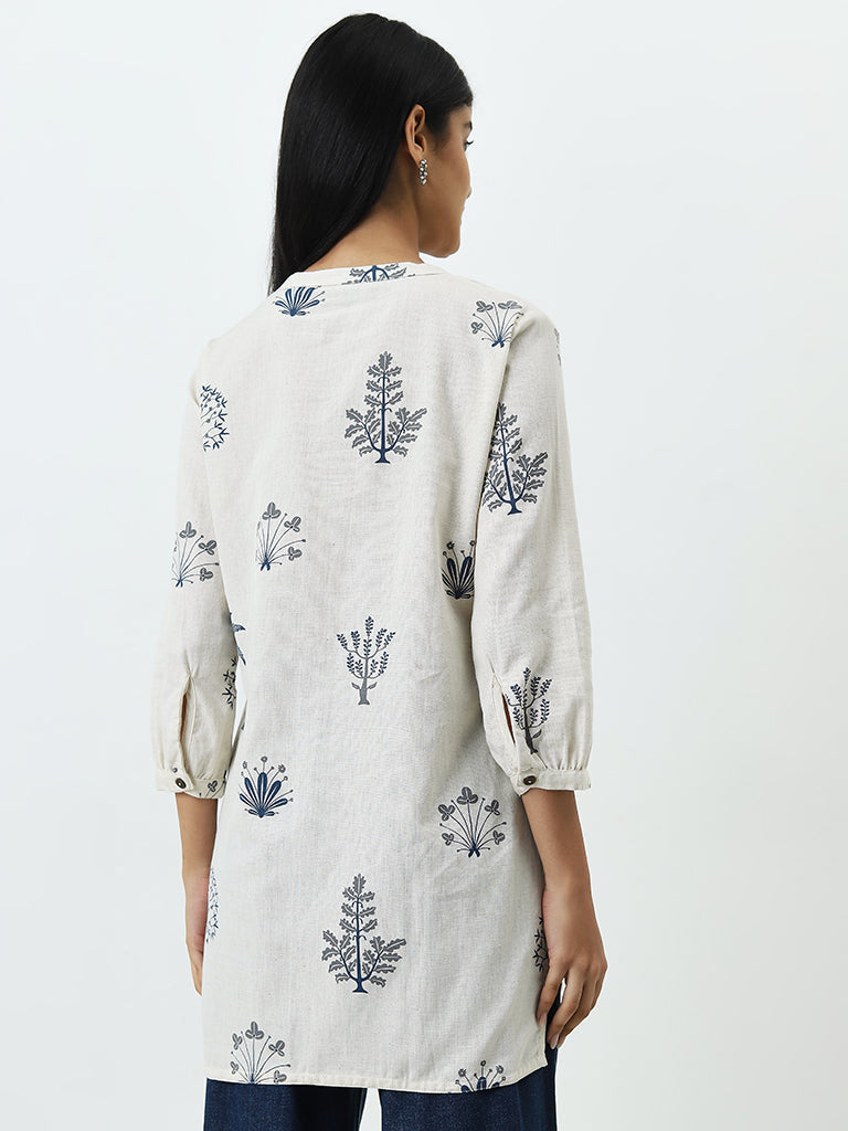 Utsa Off-White Foliage Printed Straight Cotton Blend Kurti