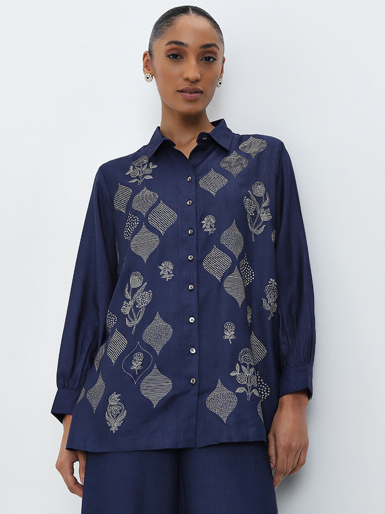 Zuba Blue Floral Motif Straight Tunic