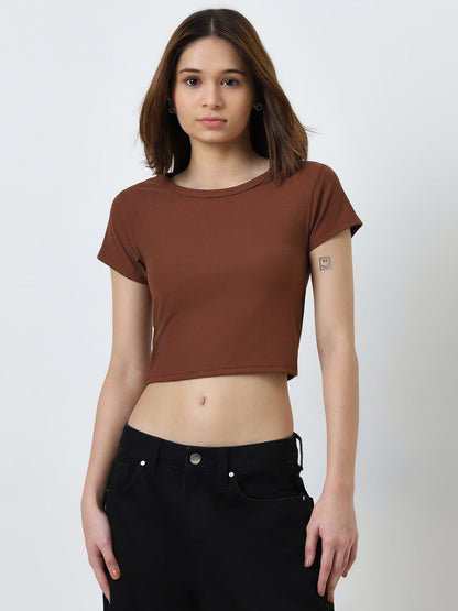 Nuon Brown Ribbed Crop Top