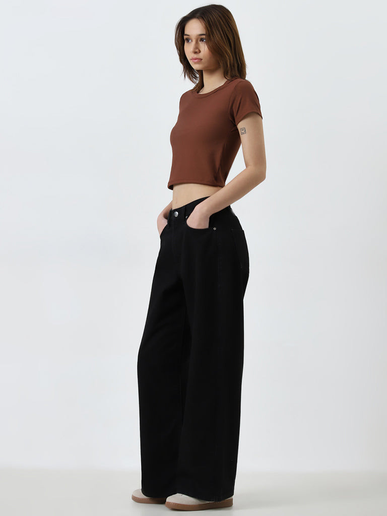 Nuon Brown Ribbed Crop Top