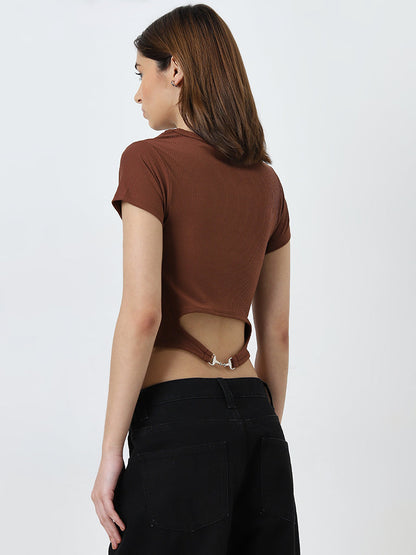 Nuon Brown Ribbed Crop Top