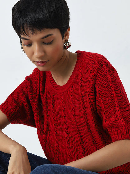 LOV Red Knit-Textured Top