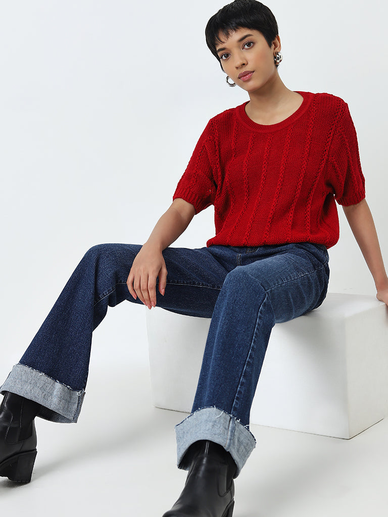 LOV Red Knit-Textured Top