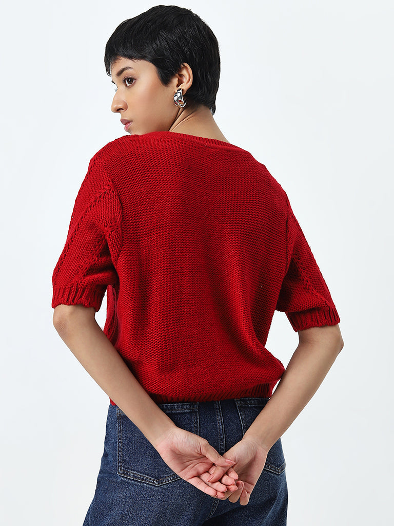 LOV Red Knit-Textured Top