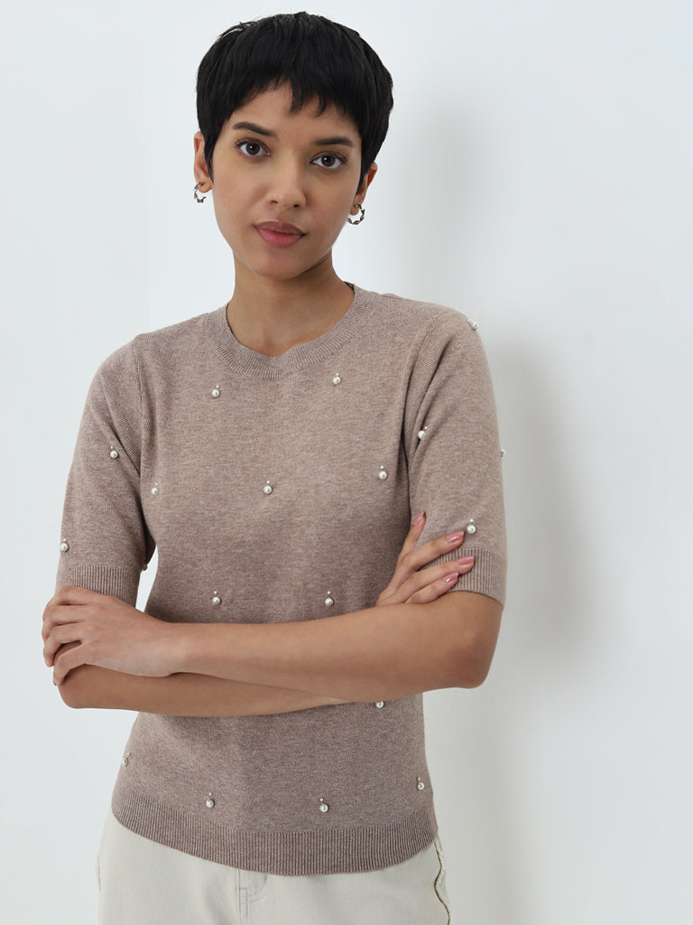 LOV Taupe Pearl Embellished Knitted Top