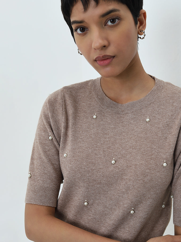 LOV Taupe Pearl Embellished Knitted Top