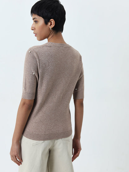 LOV Taupe Pearl Embellished Knitted Top