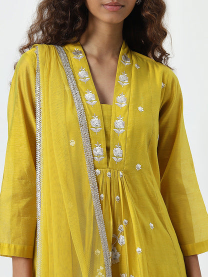 Vark Yellow Floral Embroidered Kurta, Pants and Dupatta Set