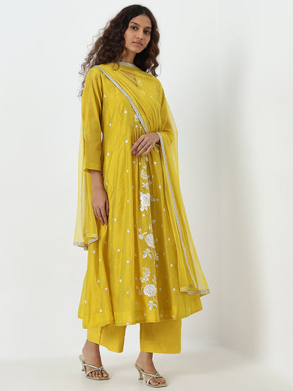 Vark Yellow Floral Embroidered Kurta, Pants and Dupatta Set