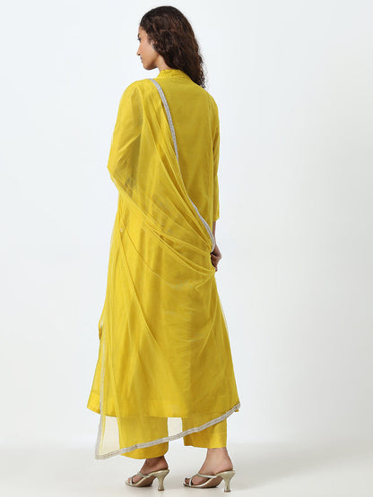 Vark Yellow Floral Embroidered Kurta, Pants and Dupatta Set