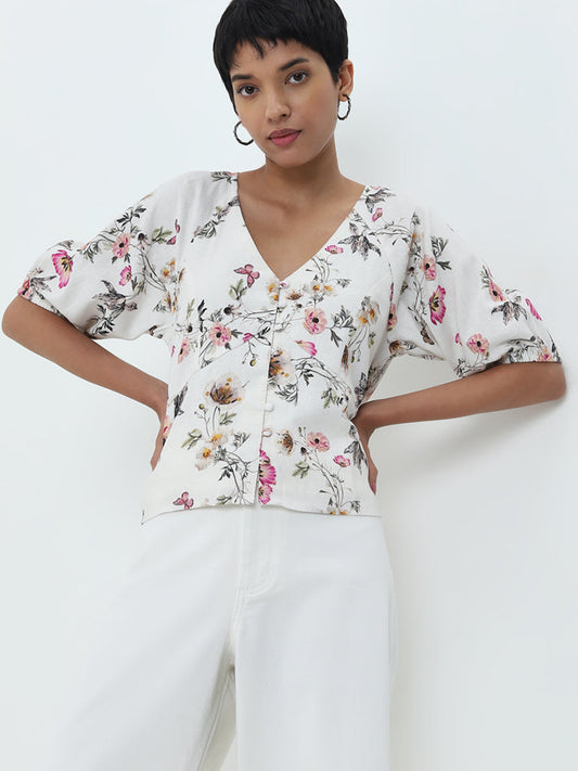 LOV White Floral Printed Linen Blend Top