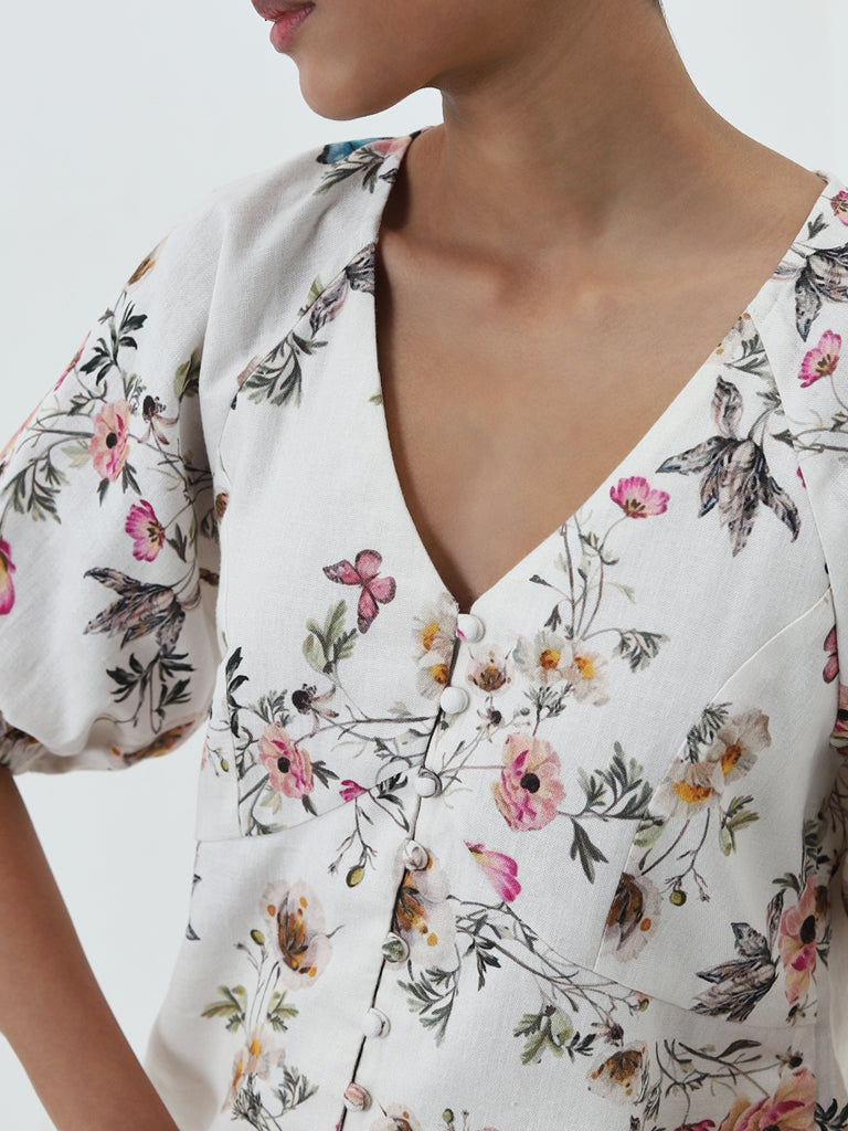 LOV White Floral Printed Linen Blend Top