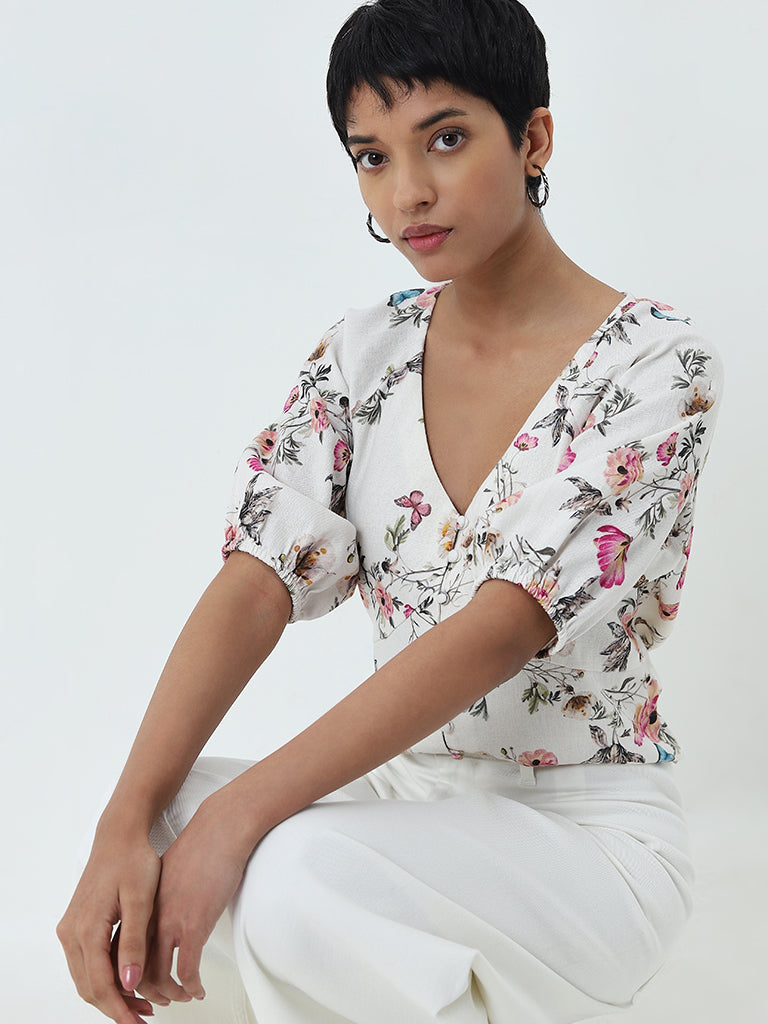 LOV White Floral Printed Linen Blend Top