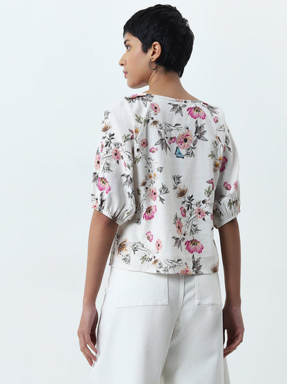 LOV White Floral Printed Linen Blend Top