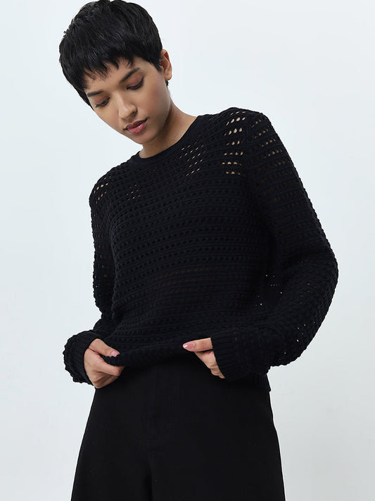 LOV Black Crochet Detailed Cotton Top