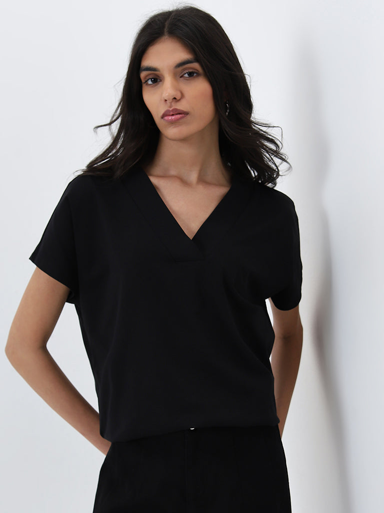 LOV Black Cotton Blend Blouse