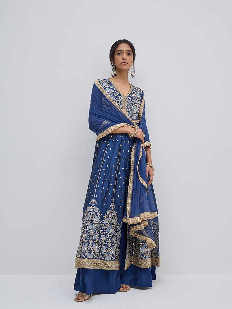 Vark Blue Embroidered Kurta, Skirt and Dupatta Set