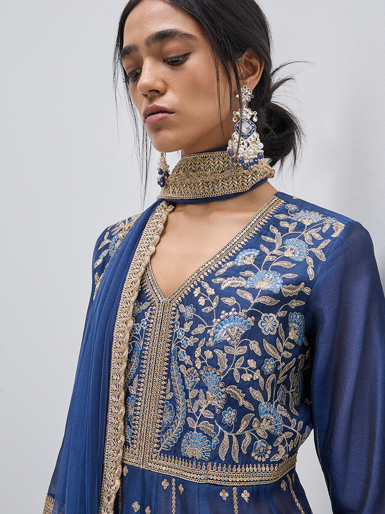 Vark Blue Embroidered Kurta, Skirt and Dupatta Set