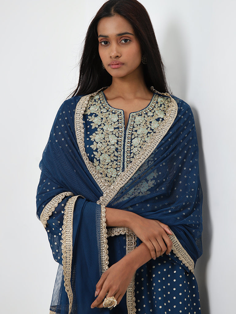 Vark Indigo Embroidered A-Line Kurti, Pants & Dupatta Set