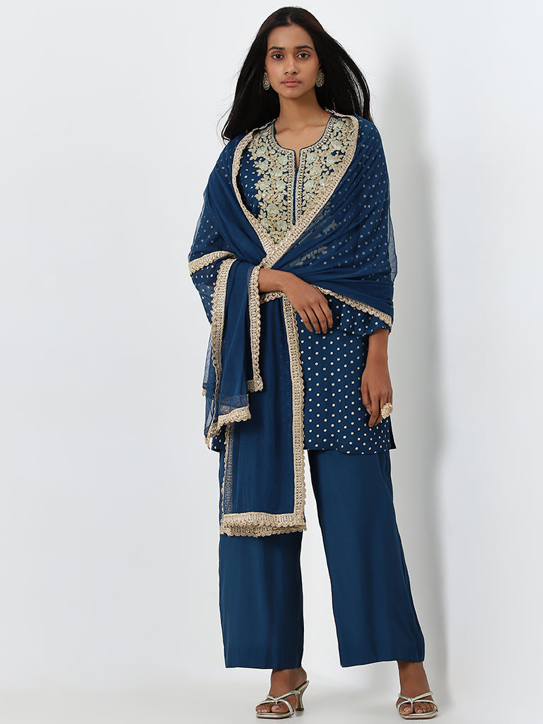 Vark Indigo Embroidered A-Line Kurti, Pants & Dupatta Set