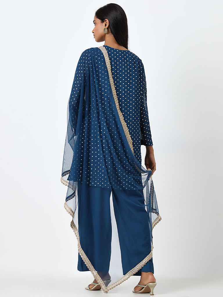 Vark Indigo Embroidered A-Line Kurti, Pants & Dupatta Set