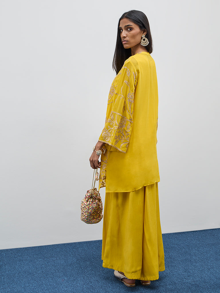 Vark Yellow Floral A-Line Kurti, Inner and Palazzos Set